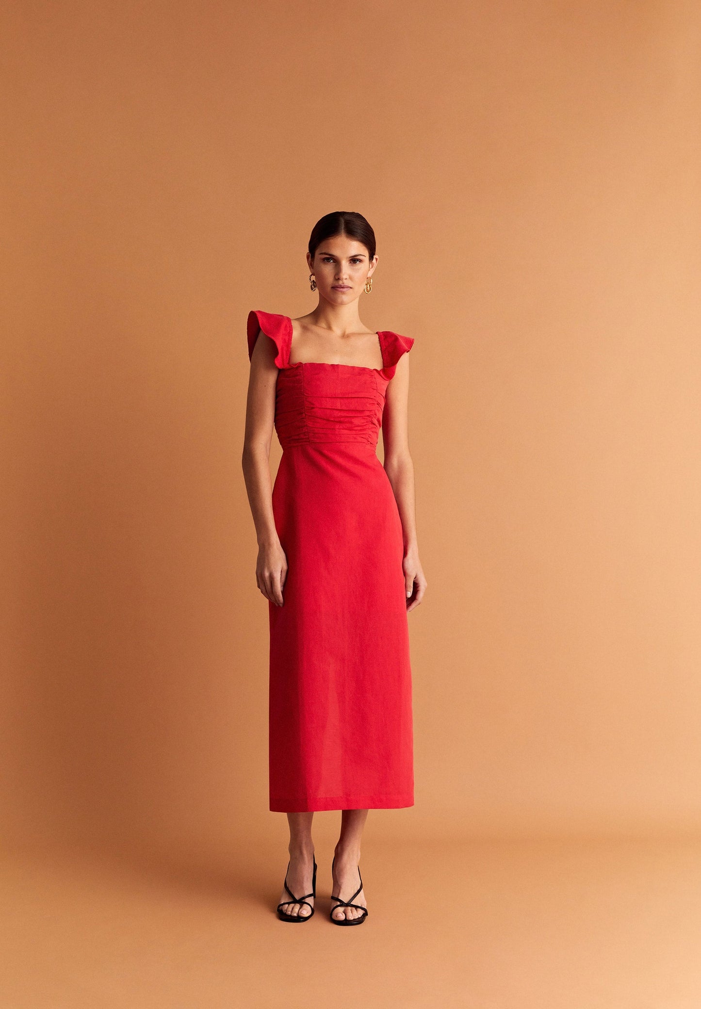 VESTIDO LINO MIDI DRAPEADO PECHO