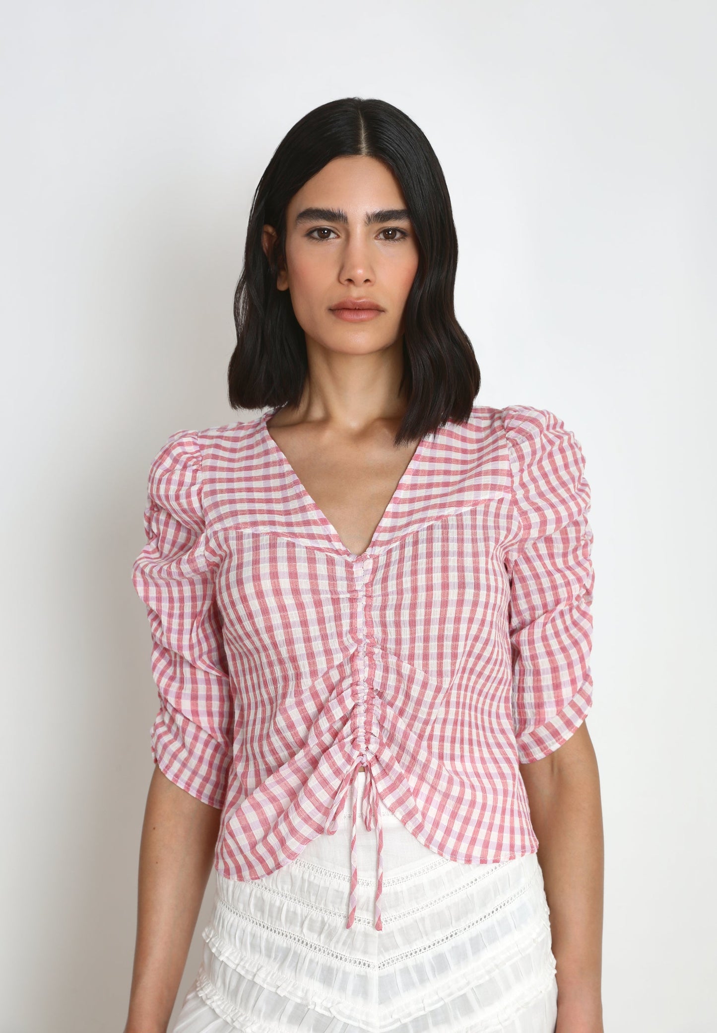 BLUSA VICHY MANGA FRUNCE